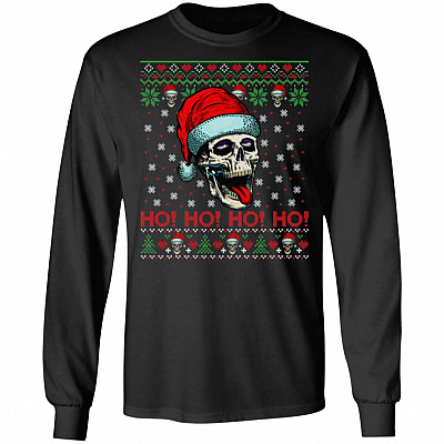Skull With Santa Hat Ho Ho Ho, Black, Long Sleeve