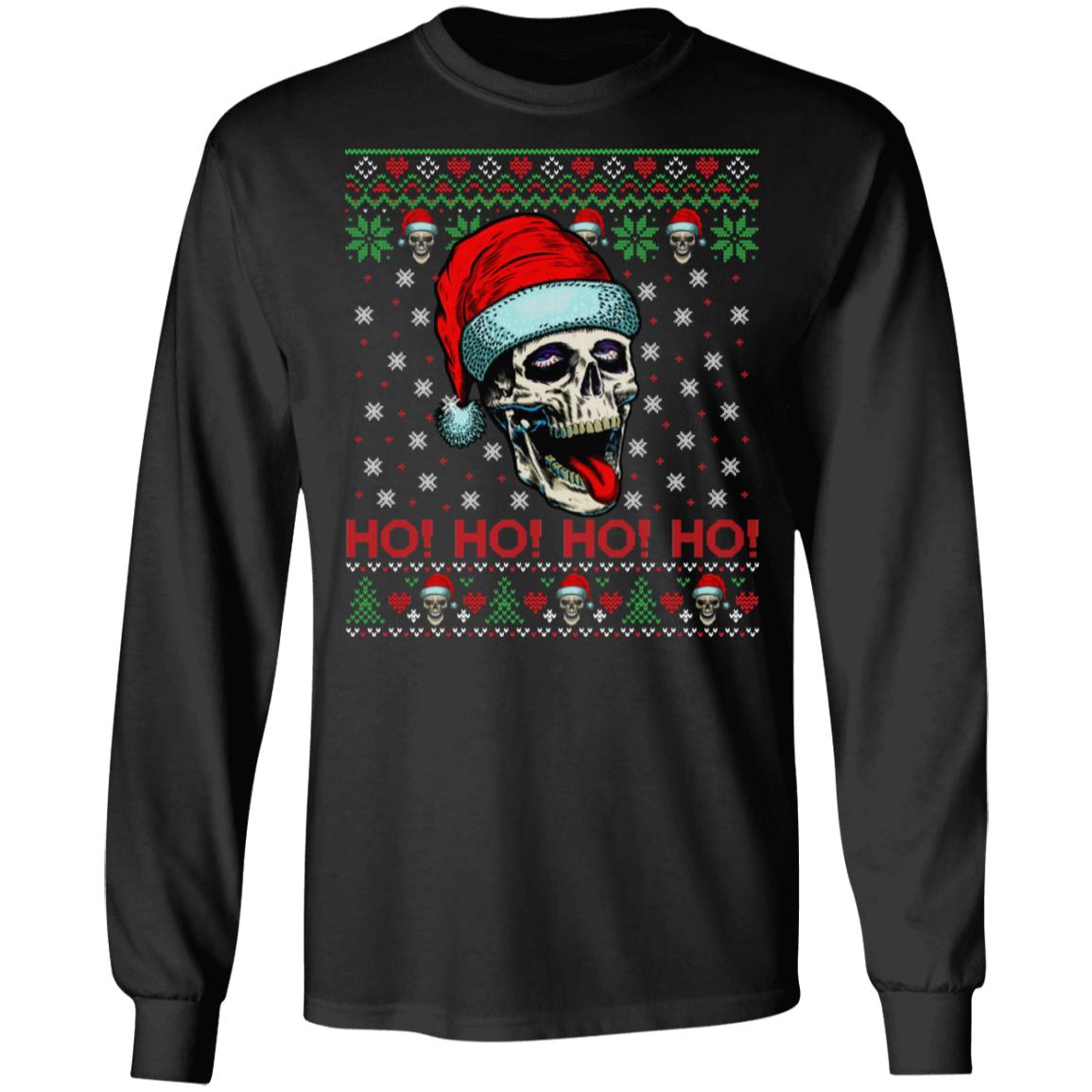 Skull With Santa Hat Ho Ho Ho, Black, Long Sleeve