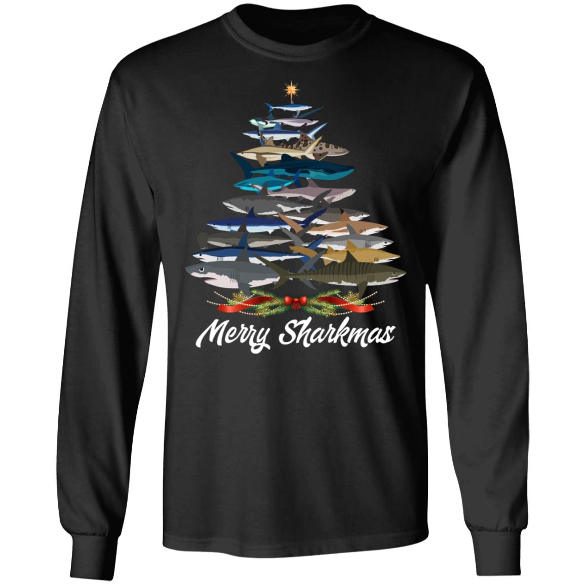 Merry Sharkmas Funny Shark Christmas Hoodie, Black, Long Sleeve