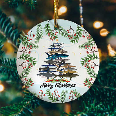 Merry Sharkmas Funny Shark Christmas Tree Circle Christmas Ornament Keepsake - Shark Lover Holiday Ornament