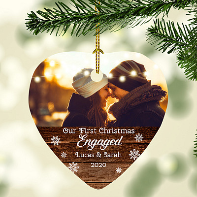 Alternative view of Personalized Photo First Christmas Engaged Christmas Decorative Holiday Flat Heart Ornament - Holiday Gift