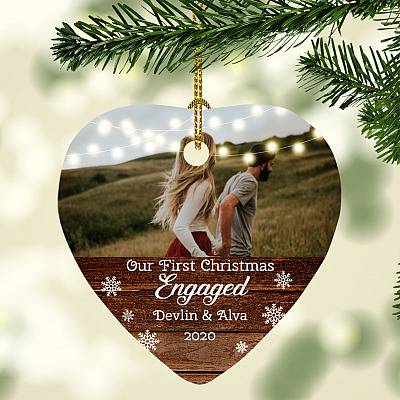 Personalized Photo First Christmas Engaged Christmas Decorative Holiday Flat Heart Ornament - Holiday Gift