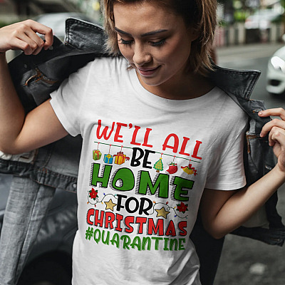 Alternative view of We'll All Be Home For Christmas 2020 Quarantine Pajamas Family Matching Xmas T-shirt - V-neck