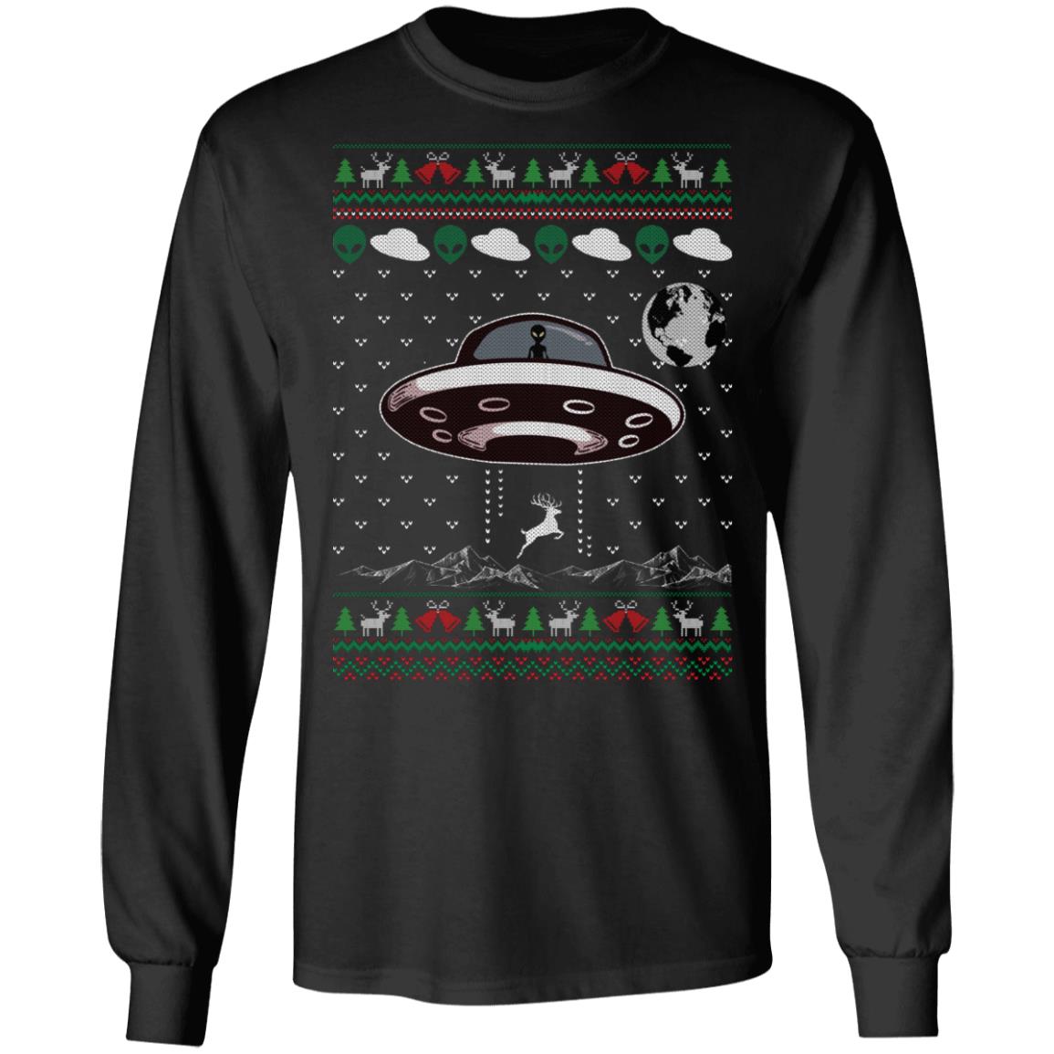 UFO Alien Reindeer Abduction Shirt, Black, Long Sleeve