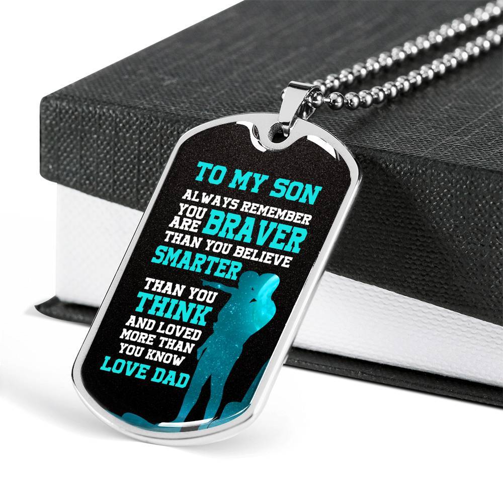 Dad to My Son Always Remember You Are Braver than You Believe Stronger than You Think Dog Tag Pendant Necklace - Dog Tag (Silver)