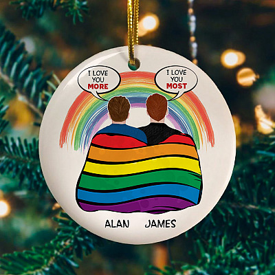 Alternative view of Personalized Gay Couple I Love You More Lgbt 2020 Christmas Flat Holiday Circle Ornament Keepsake