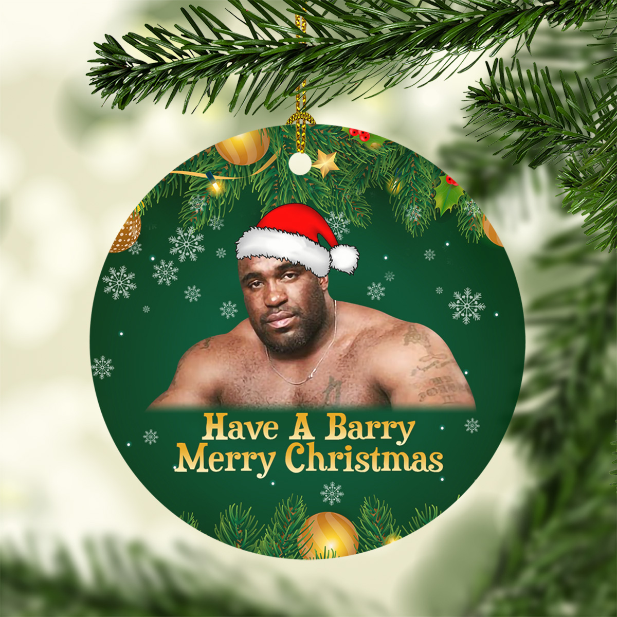 3VT. Have A Barry Merry Christmas Ornament mockup2