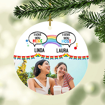 Alternative view of Personalized Photo I Love You More I Love You Most LGBT Circle Ornament - Lesbian Gay Couple Gifts