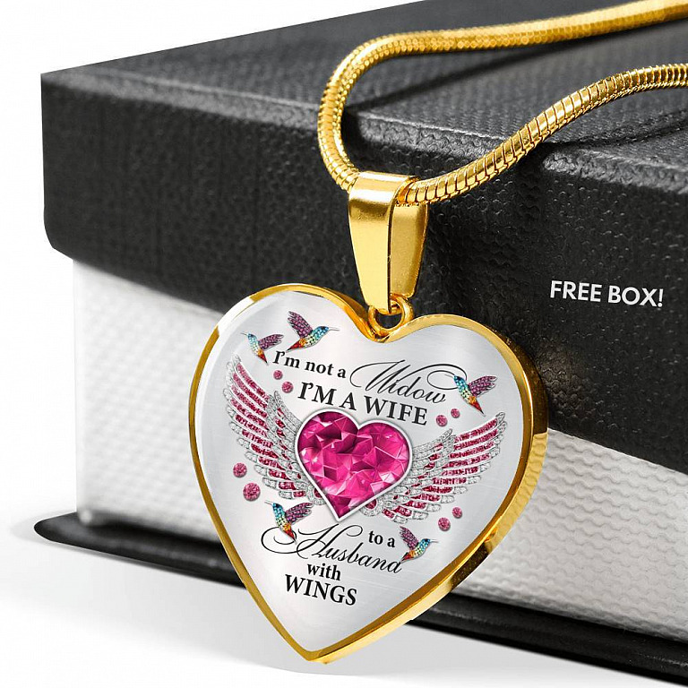 I'm Not A Widow I'm A Wife To A Husband With Hummingbird Wings Heart Necklace - In Memory Of Husband Necklace - Heart Luxury Necklace (Gold Plated)