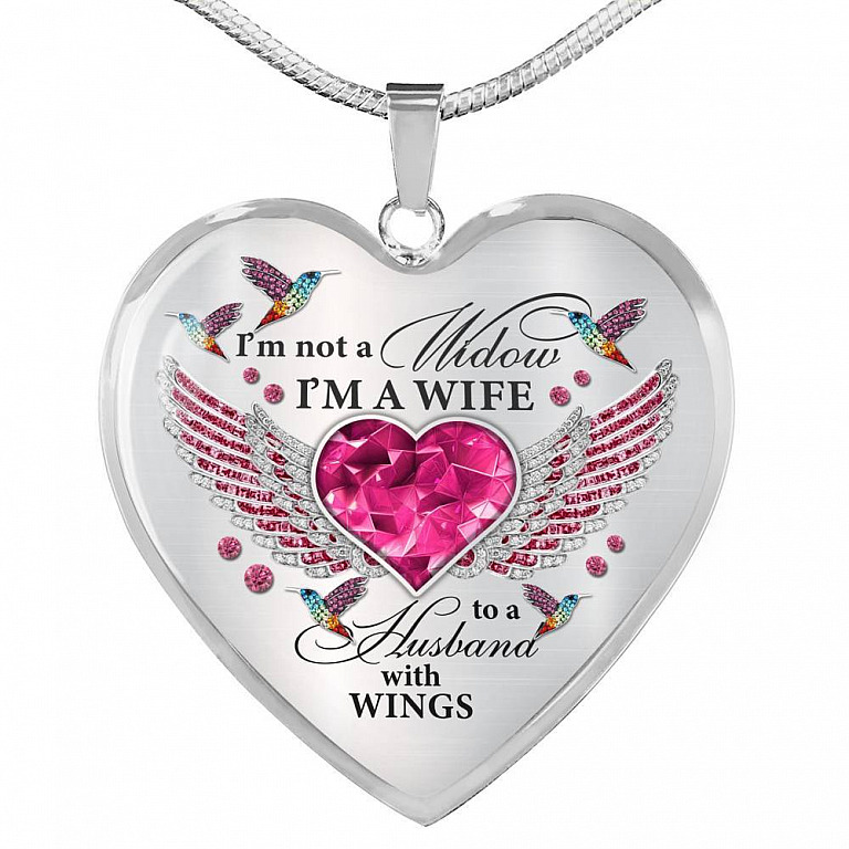 I'm Not A Widow I'm A Wife To A Husband With Hummingbird Wings Heart Necklace - In Memory Of Husband Necklace - Heart Luxury Necklace (Silver)
