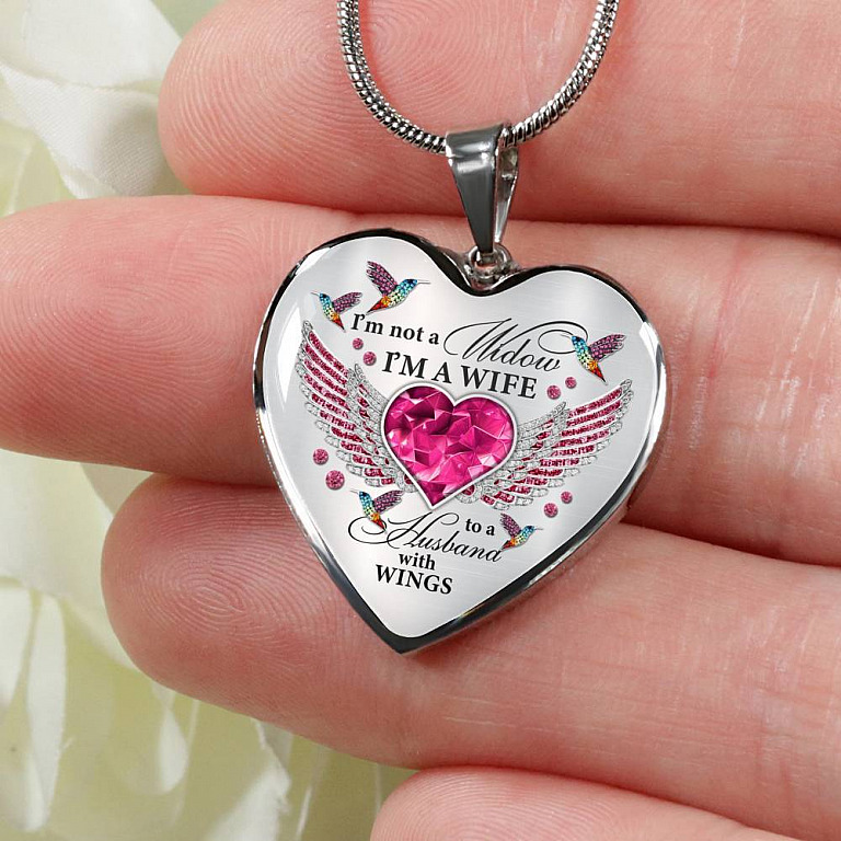 I'm Not A Widow I'm A Wife To A Husband With Hummingbird Wings Heart Necklace - In Memory Of Husband Necklace - Heart Luxury Necklace (Silver)