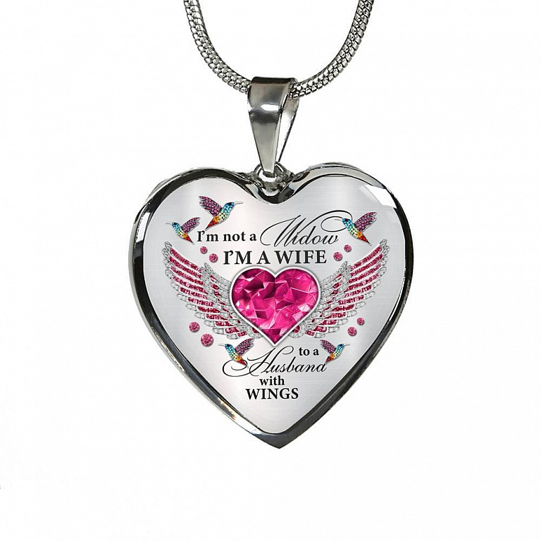 I'm Not A Widow I'm A Wife To A Husband With Hummingbird Wings Heart Necklace - In Memory Of Husband Necklace - Heart Luxury Necklace (Silver)
