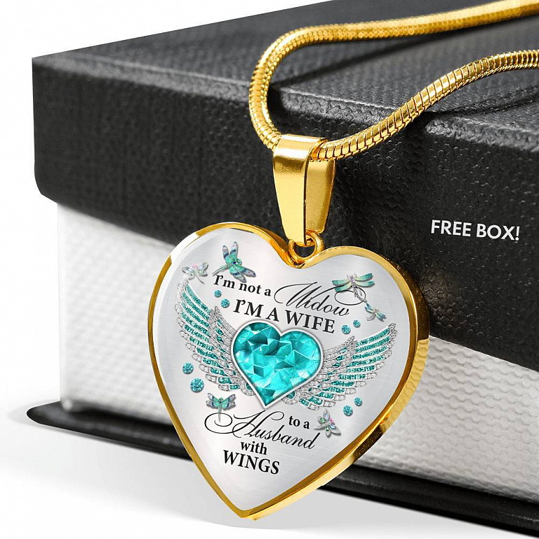 I'm Not A Widow I'm A Wife To A Husband With Dragonfly Wings Heart Necklace - In Memory Of Husband Necklace - Heart Luxury Necklace (Gold Plated)