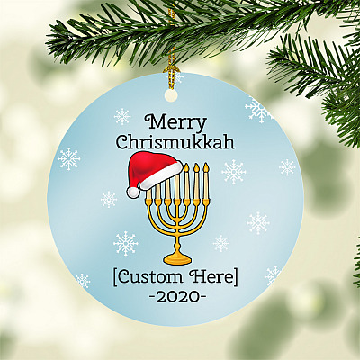 Alternative view of Personalized Merry Chrismukkah Circle Christmas Ornament Keepsake - Hanukkah Menorah Holiday Flat Ornament