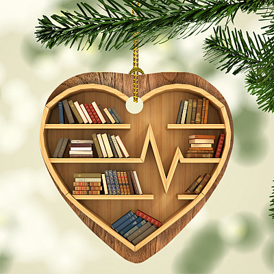 Bookshelf Heart Christmas Ornament Keepsake - Bookworm Holiday Flat Ornament - Book Lover Christmas Gifts