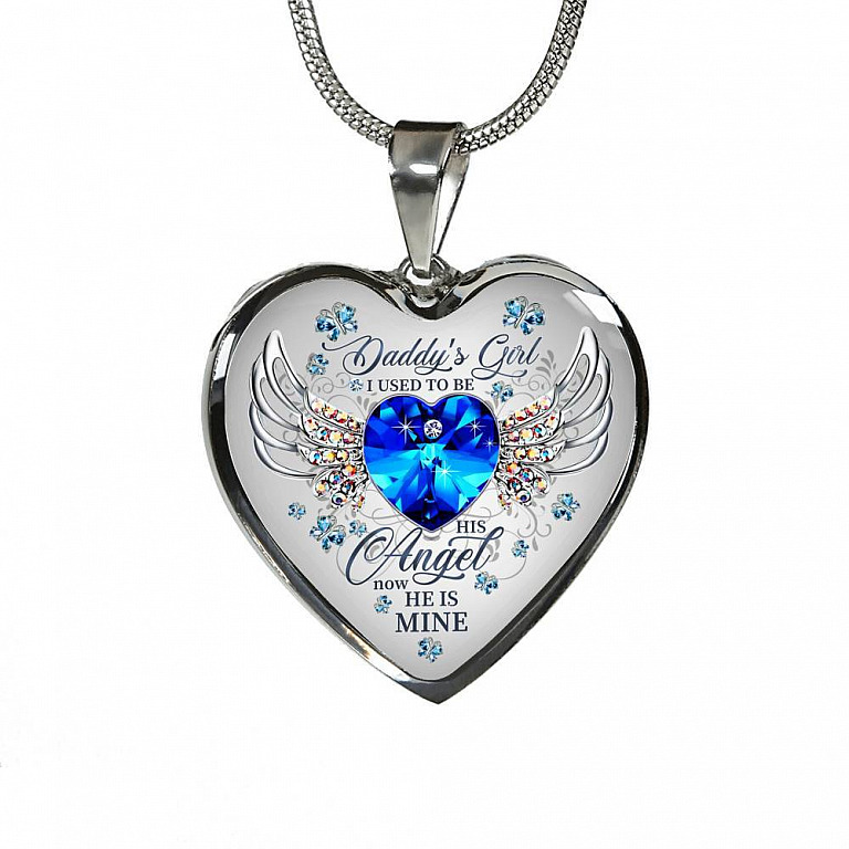 Daddy's Girl I Used To Be His Angel Now He Is Mine Butterfly Luxury Heart Pendant Necklace - Dad Memorial Gifts - Heart Luxury Necklace (Silver)