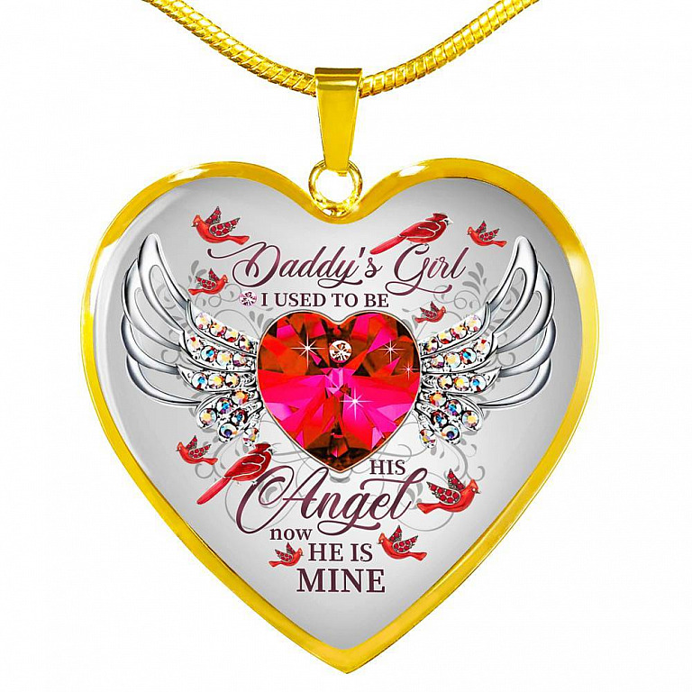 Daddy's Girl I Used To Be His Angel Now He Is Mine Cardinal Luxury Heart Pendant Necklace - Dad Memorial Gifts - Heart Luxury Necklace (Gold Plated)