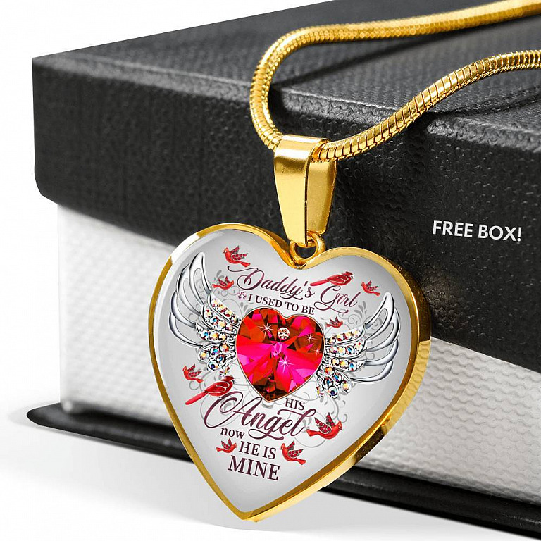 Daddy's Girl I Used To Be His Angel Now He Is Mine Cardinal Luxury Heart Pendant Necklace - Dad Memorial Gifts - Heart Luxury Necklace (Gold Plated)