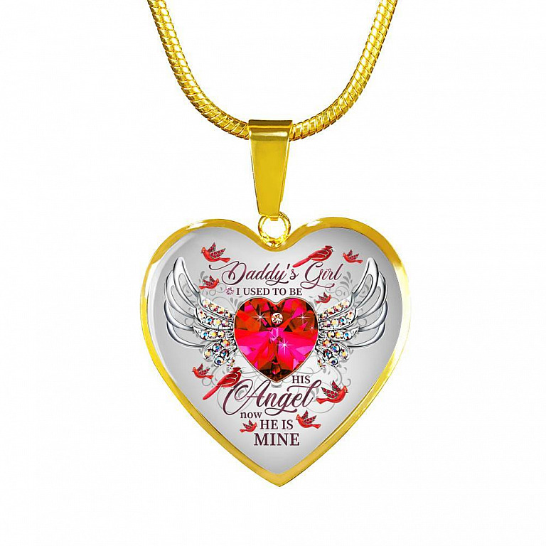 Daddy's Girl I Used To Be His Angel Now He Is Mine Cardinal Luxury Heart Pendant Necklace - Dad Memorial Gifts - Heart Luxury Necklace (Gold Plated)