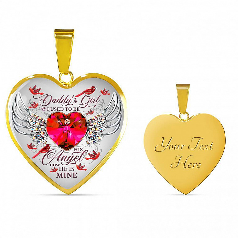 Daddy's Girl I Used To Be His Angel Now He Is Mine Cardinal Luxury Heart Pendant Necklace - Dad Memorial Gifts - Heart Luxury Necklace (Gold Plated)