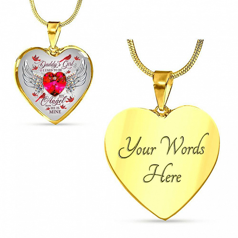 Daddy's Girl I Used To Be His Angel Now He Is Mine Cardinal Luxury Heart Pendant Necklace - Dad Memorial Gifts - Heart Luxury Necklace (Gold Plated)