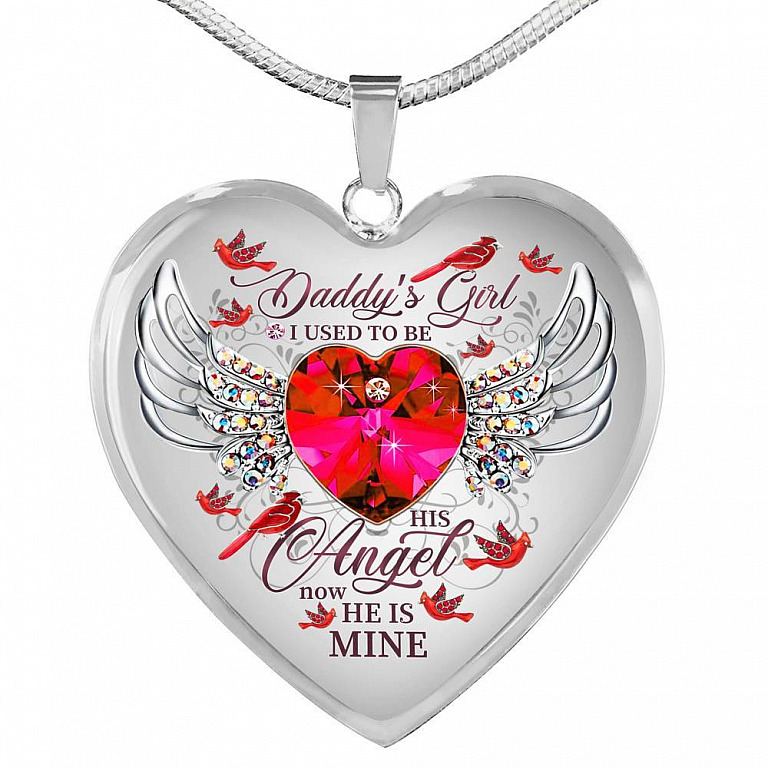 Daddy's Girl I Used To Be His Angel Now He Is Mine Cardinal Luxury Heart Pendant Necklace - Dad Memorial Gifts - Heart Luxury Necklace (Silver)