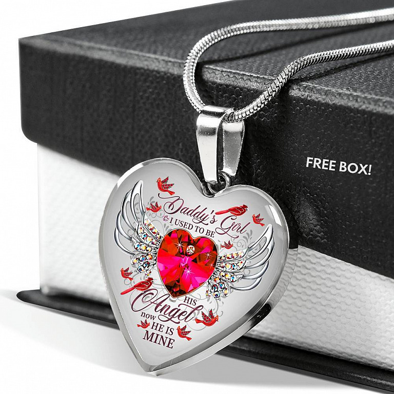 Daddy's Girl I Used To Be His Angel Now He Is Mine Cardinal Luxury Heart Pendant Necklace - Dad Memorial Gifts - Heart Luxury Necklace (Silver)