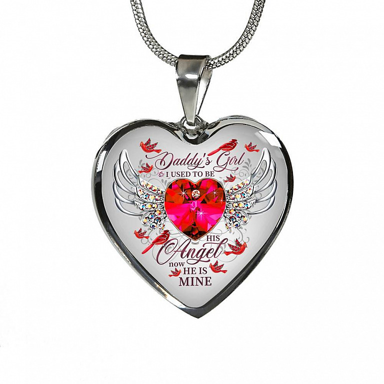 Daddy's Girl I Used To Be His Angel Now He Is Mine Cardinal Luxury Heart Pendant Necklace - Dad Memorial Gifts - Heart Luxury Necklace (Silver)