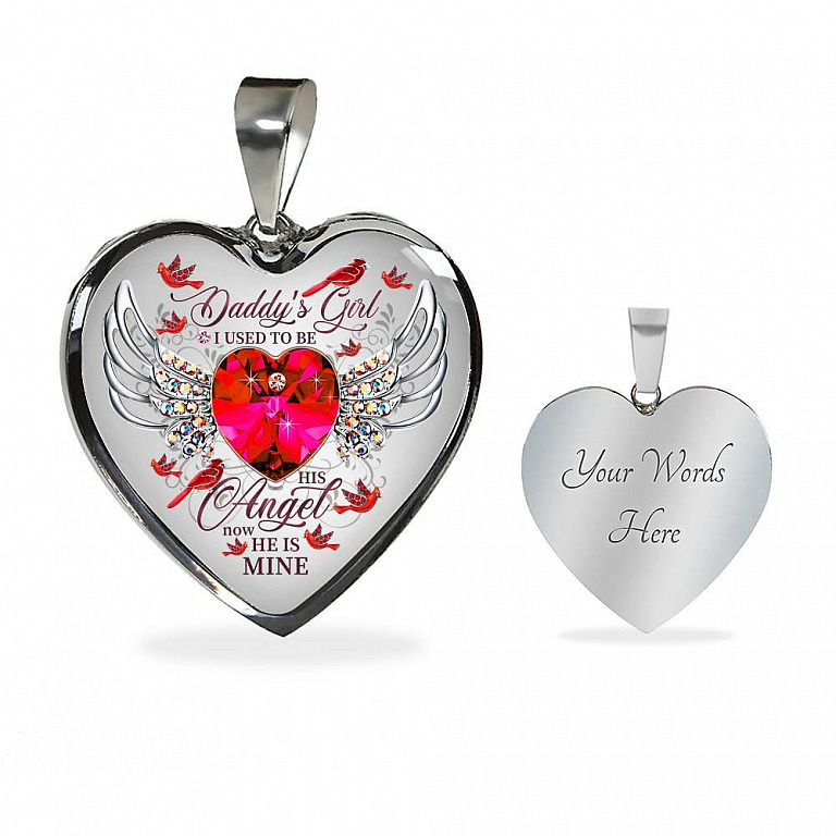 Daddy's Girl I Used To Be His Angel Now He Is Mine Cardinal Luxury Heart Pendant Necklace - Dad Memorial Gifts - Heart Luxury Necklace (Silver)