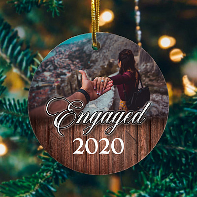 Alternative view of Personalized Photo Engaged Circle Ornament - Christmas Wedding Engagement Gift Ornament