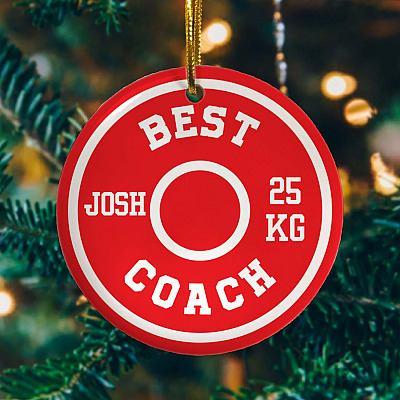 Alternative view of Personalized Best Coach Fitness Weightlifting Gift for Trainers Christmas Flat Holiday Circle Ornament Keepsake