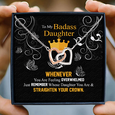 Alternative view of From Dad To My Badass Daughter Whenever Feeling Overwhelmed Straighten Ur Crown Interlocking Hearts Necklace