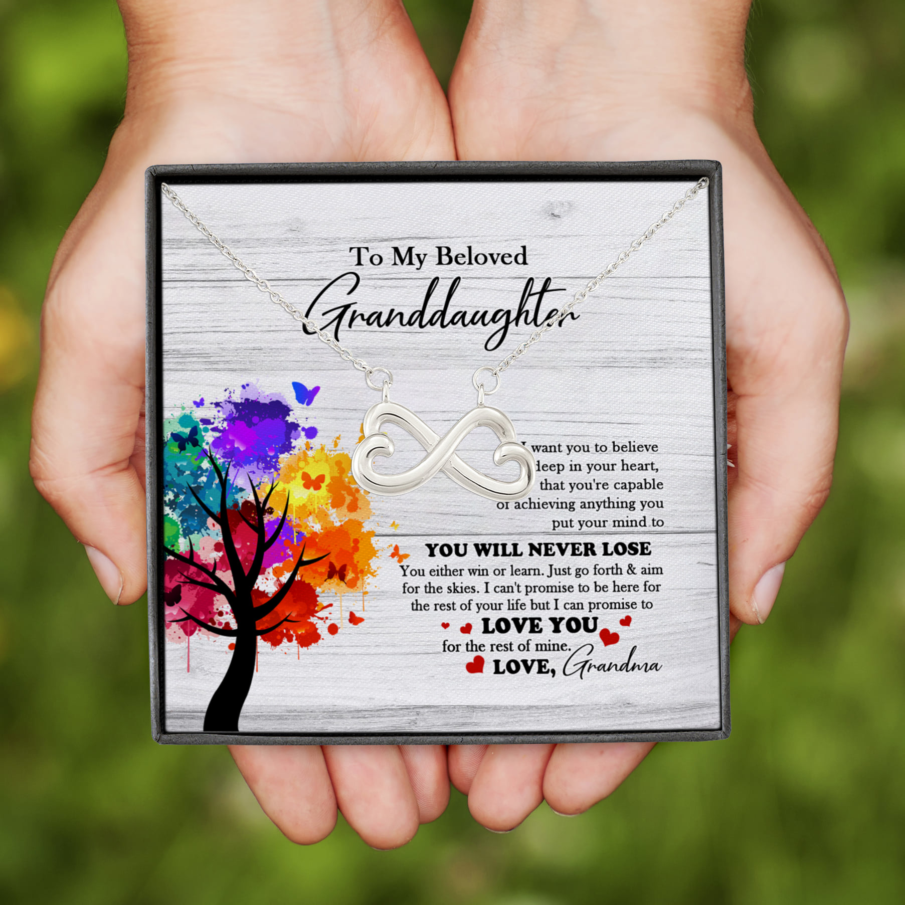 4VT. To My Beloved Granddaughter Infinity Heart Necklace (Silver)