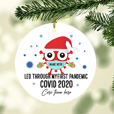 Alternative view of Personalized First Pandemic Core Heroes Team 2020 Funny Virus Quarantine Christmas Flat Holiday Circle Ornament