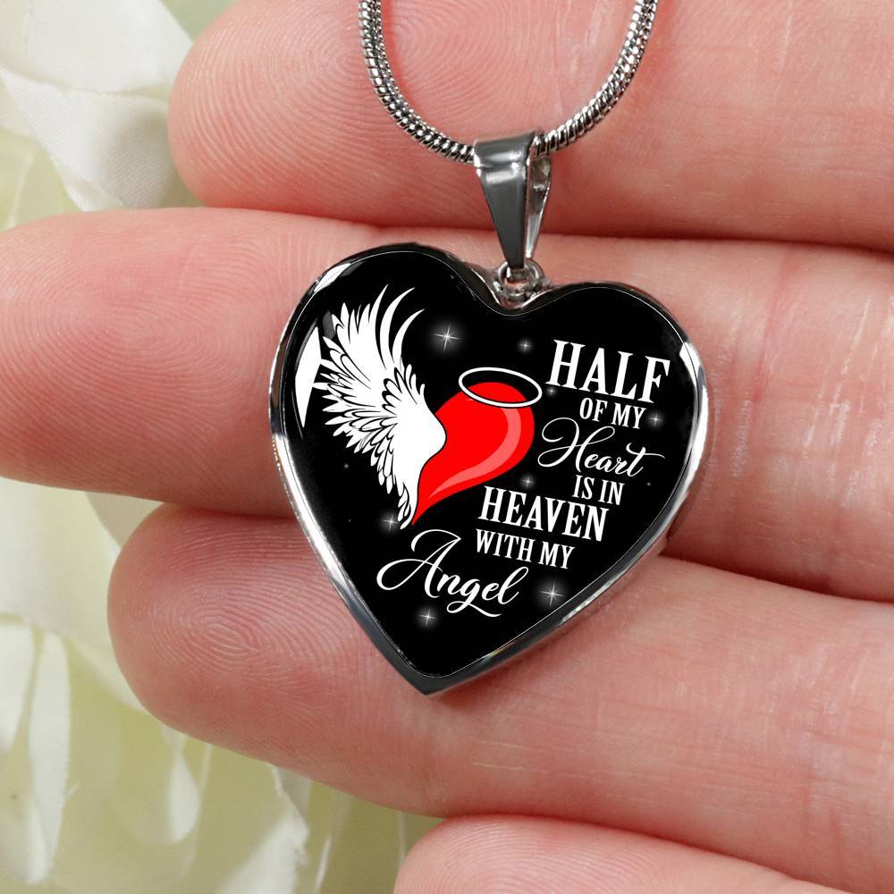 Half Of My Heart Is In Heaven With My Angel Wings Heart Pendant Necklace - Memorial Gift - Heart Luxury Necklace (Silver) Half Of My Heart Is In Heaven With My Angel Wings Heart Pendant Necklace - Memorial Gift - Heart Luxury Necklace (Silver)