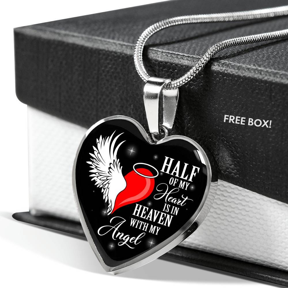 Half Of My Heart Is In Heaven With My Angel Wings Heart Pendant Necklace - Memorial Gift - Heart Luxury Necklace (Silver) Half Of My Heart Is In Heaven With My Angel Wings Heart Pendant Necklace - Memorial Gift - Heart Luxury Necklace (Silver)