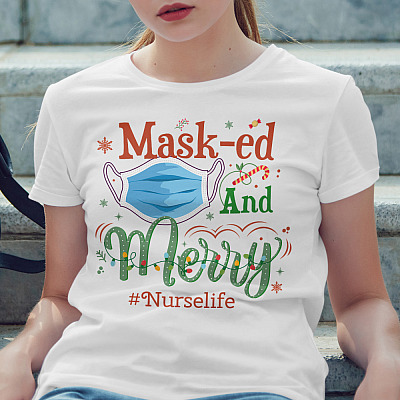 Alternative view of Personalized Mask-ed And Merry Nurse Life Christmas 2020 Hoodie Sweatshirt - Funny Nurse Xmas T-Shirt Gift