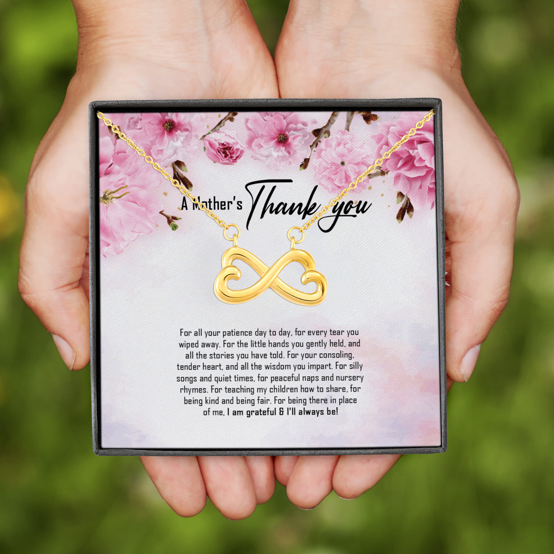 2VT. Babbysitter A Mother's Thank You Infinity Heart Necklace (Gold)