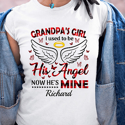 Alternative view of Personalized Grandpa's Girl I Used To Be His Angel Now He's Mine T-Shirt - Grandpa Memorial V-Neck Tee