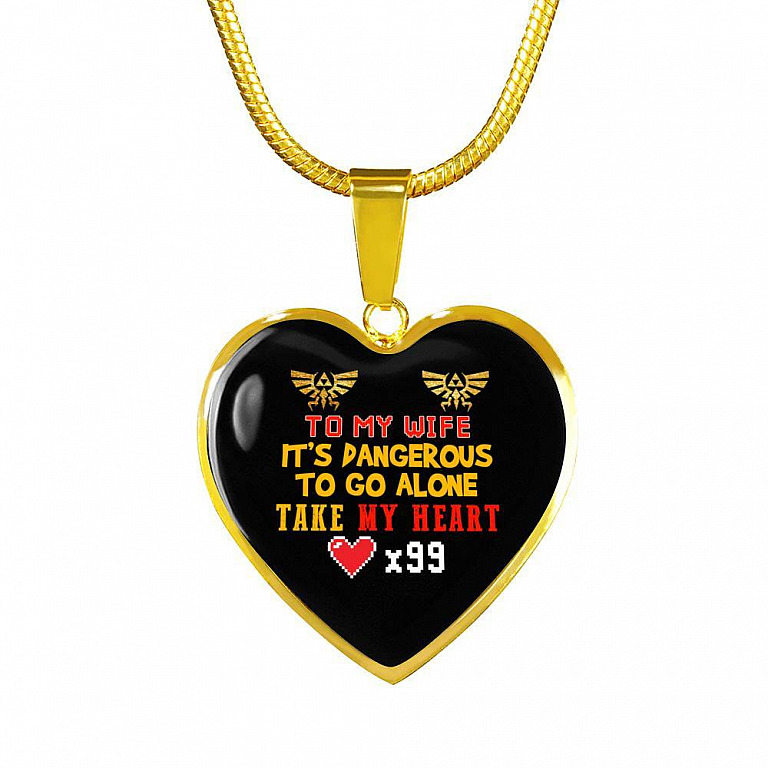 To My Wife It's Dangerous to Go Alone Take My Heart - Wife Necklace from Husband Heart Pendant Necklace - Heart Luxury Necklace (Gold Plated)