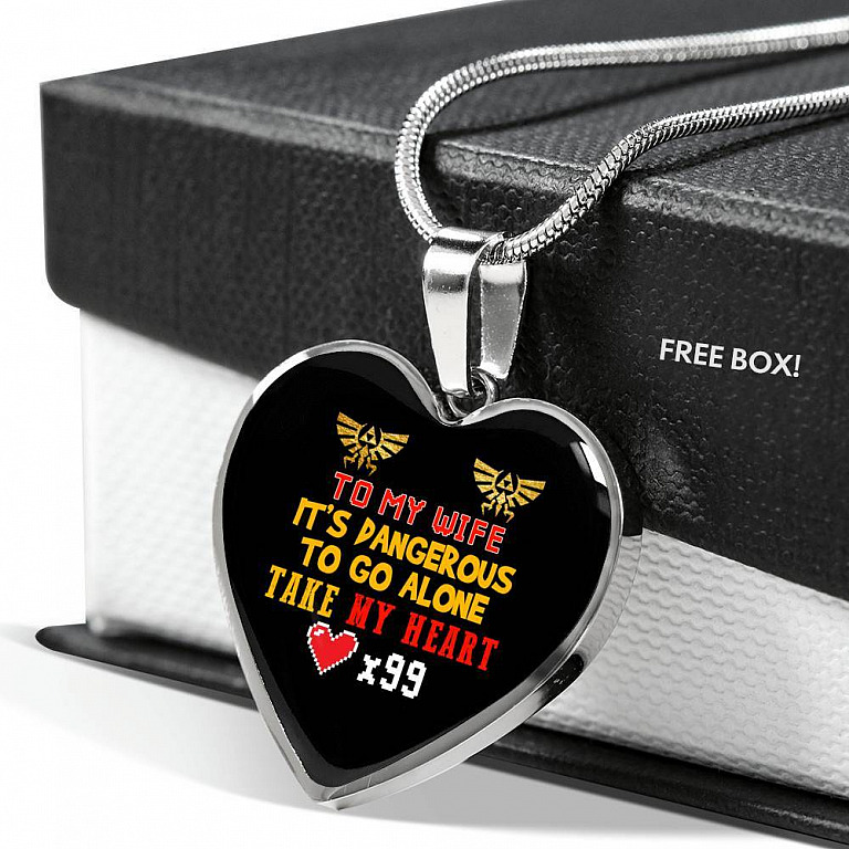 To My Wife It's Dangerous to Go Alone Take My Heart - Wife Necklace from Husband Heart Pendant Necklace - Heart Luxury Necklace (Silver)