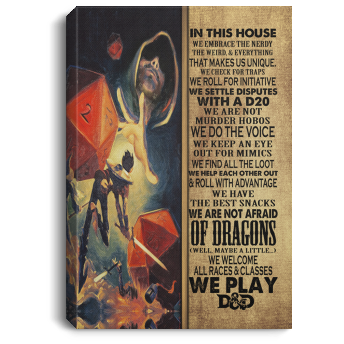 In This House We Play D&D Framed Canvas - Unframed Poster - D And D Boardgame Wall Art, White, 0.75'' Framed Canvas