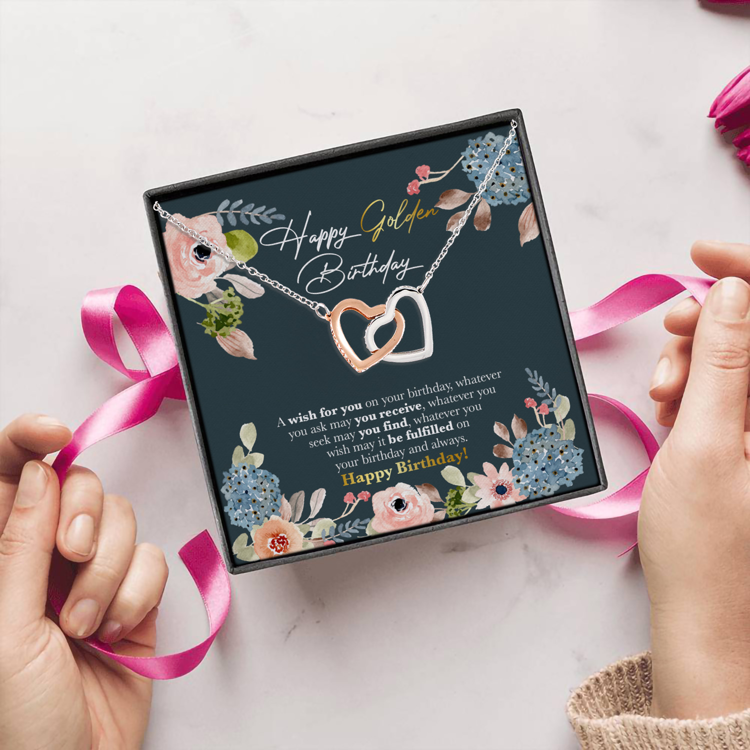 7VT. Happy Golden Birthday Interlocking Hearts Necklace 5