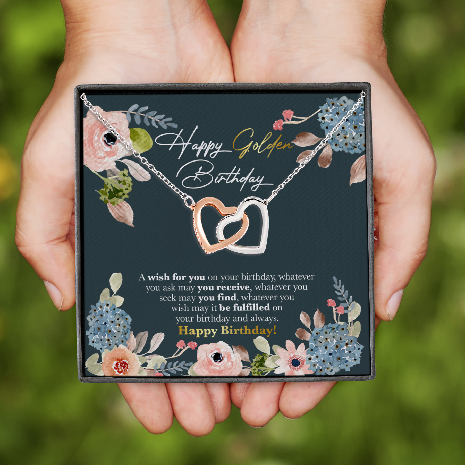 7VT. Happy Golden Birthday Interlocking Hearts Necklace