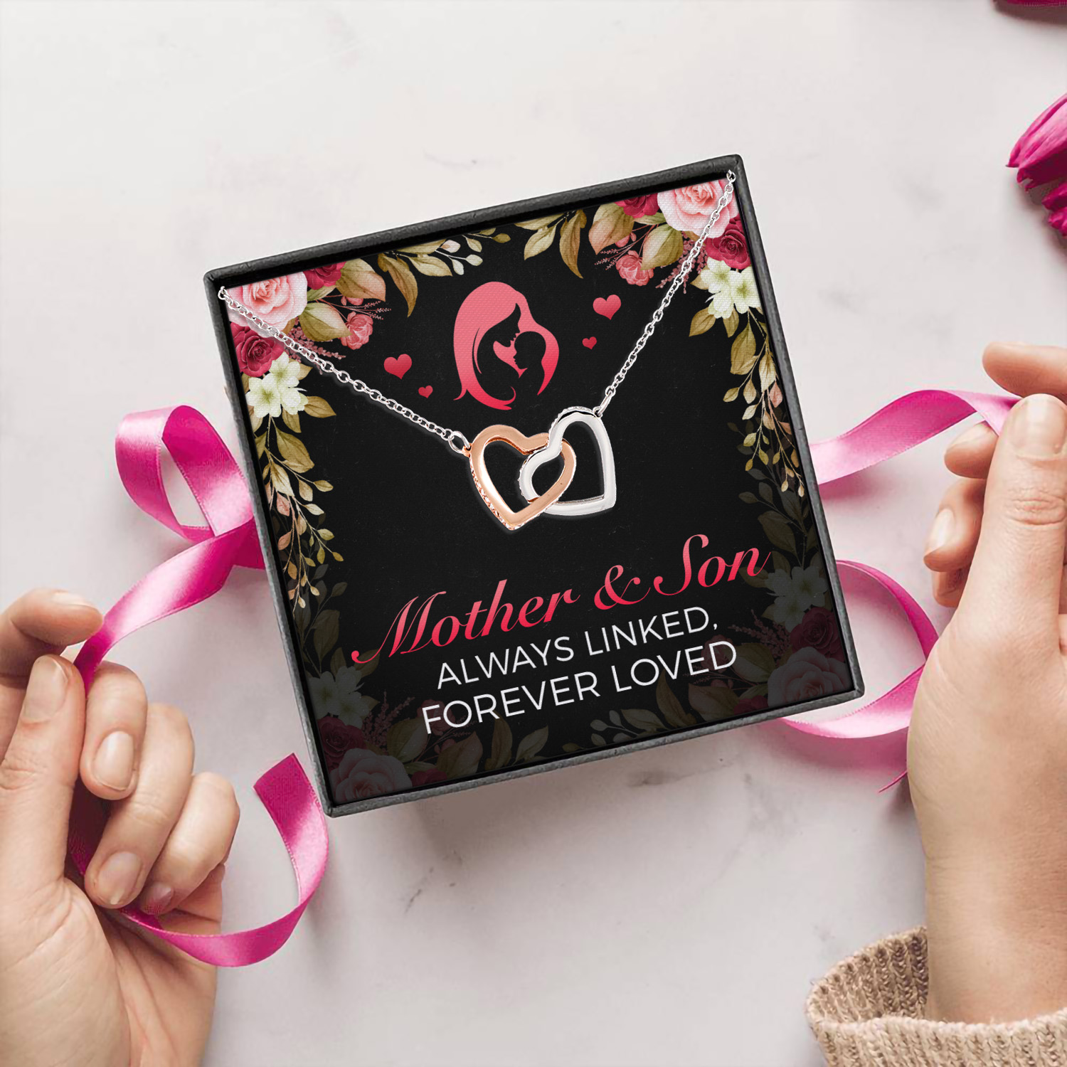 8VT. Mother And Son Message Always Linked Interlocking Hearts Necklace 5