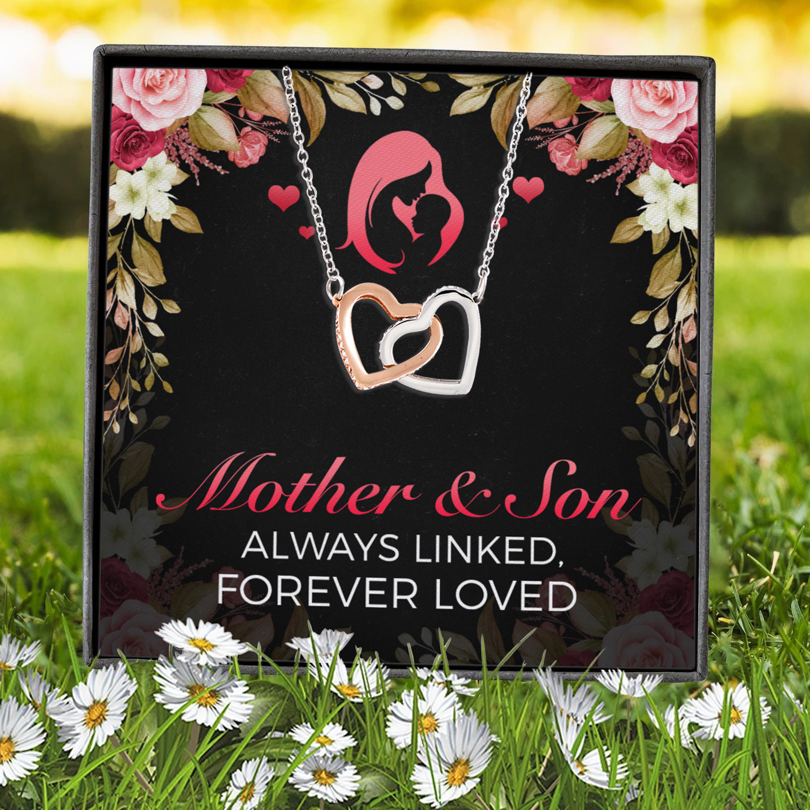 8VT. Mother And Son Message Always Linked Interlocking Hearts Necklace 7