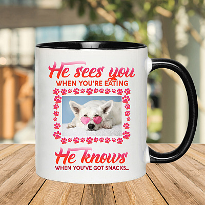 Alternative view of Personalized Photo Dog He Sees You when You're Eating He Knows when You've Snacks Accent Mug