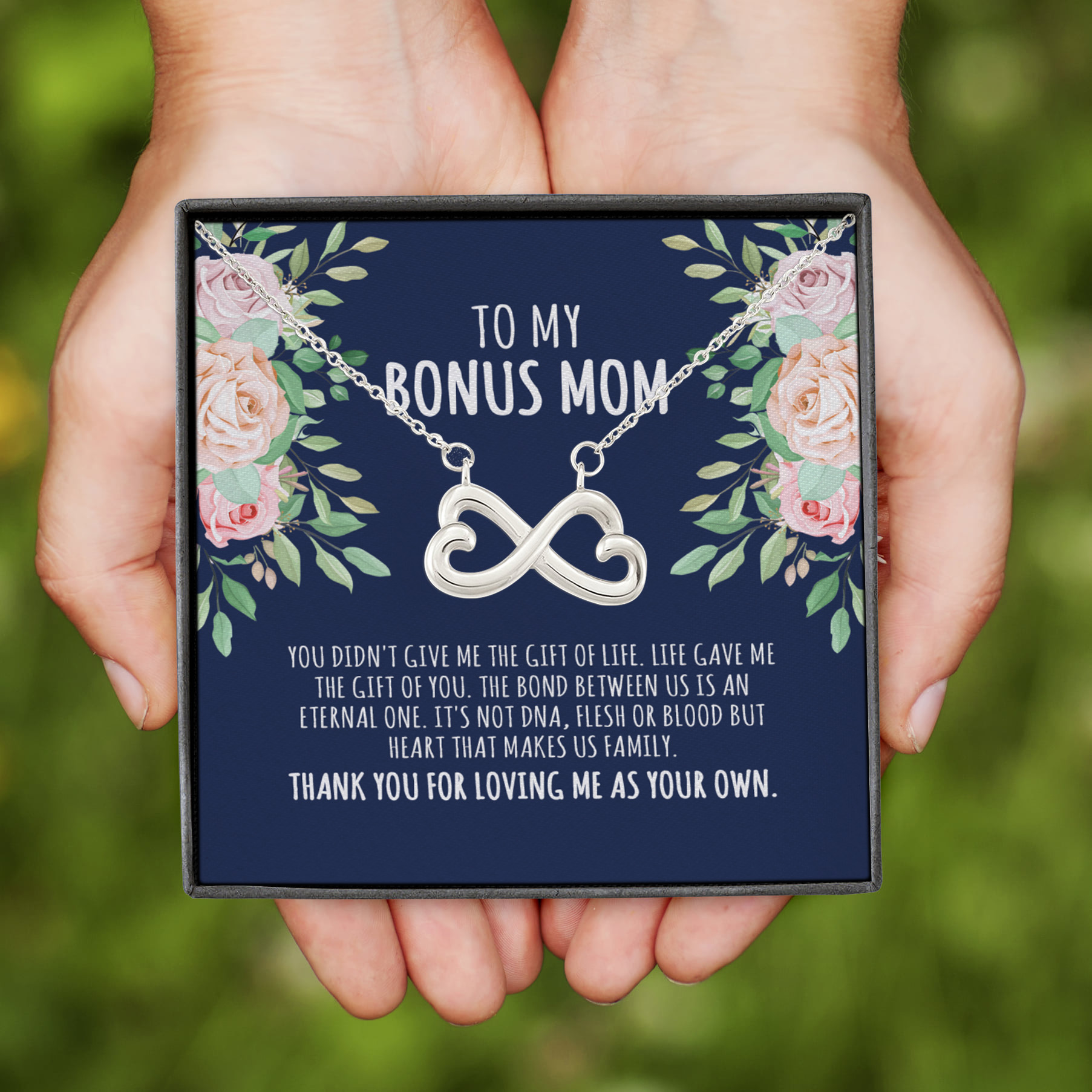 9VT. To My Bonus Mom Infinity Heart Necklace (Silver)