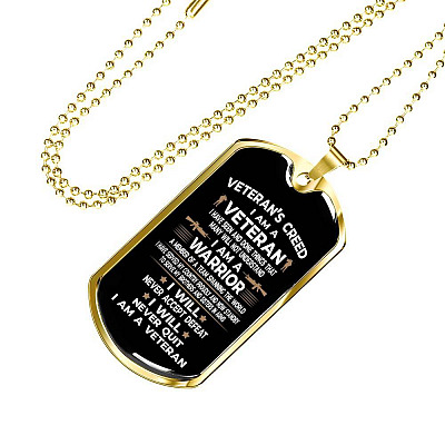 Veteran's Creed I Am A Veteran Dog Tag Pendant Necklace - Military Dog Tags - United States Army Dog Tags - Dog Tag (Gold Plated)