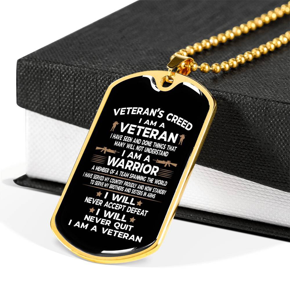 Veteran's Creed I Am A Veteran Dog Tag Pendant Necklace - Military Dog Tags - United States Army Dog Tags - Dog Tag (Gold Plated) Veteran's Creed I Am A Veteran Dog Tag Pendant Necklace - Military Dog Tags - United States Army Dog Tags - Dog Tag (Gold Plated)